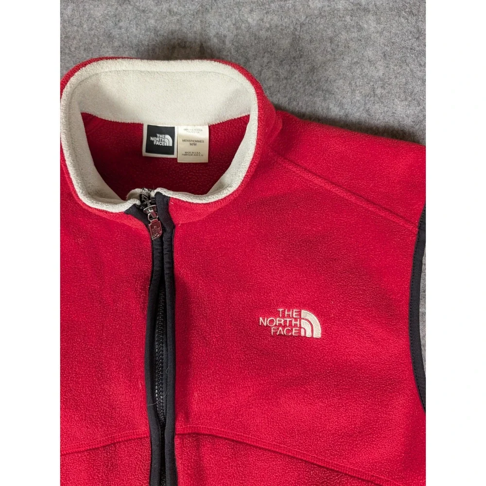 The North Face Mens Full Zip Fleece Vest Red Cream Made in USA Mock Neck M